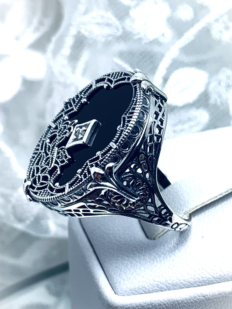 Black Stained Glass Oval Ring, Sterling silver filigree, White CZ Inset or Moissanite Inset, Vintage jewelry, Silver Embrace Jewelry, D594