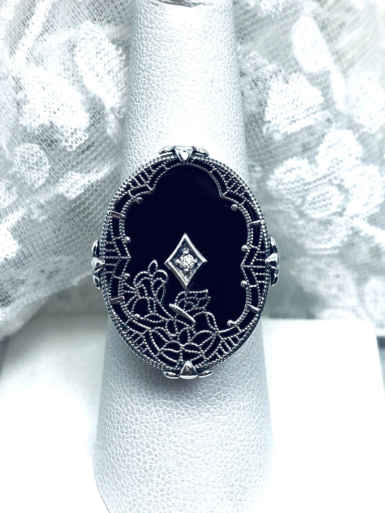 Black Stained Glass Oval Ring, Sterling silver filigree, White CZ Inset or Moissanite Inset, Vintage jewelry, Silver Embrace Jewelry, D594