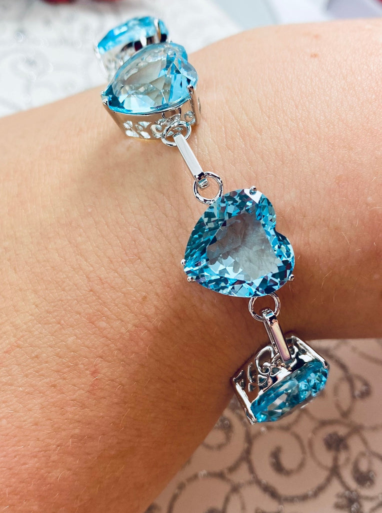 Aquamarine Bracelet, Heart gems, Victorian Reproduction Jewelry, Sterling Silver Filigree, Silver Embrace Jewelry #B38