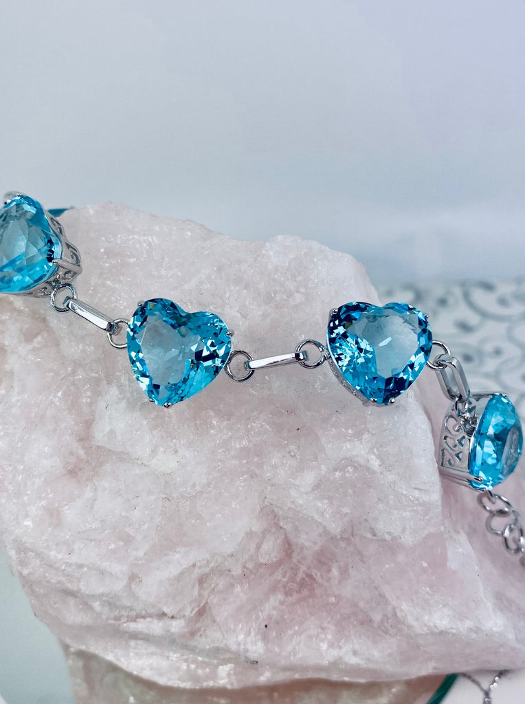 Aquamarine Bracelet, Heart gems, Victorian Reproduction Jewelry, Sterling Silver Filigree, Silver Embrace Jewelry #B38