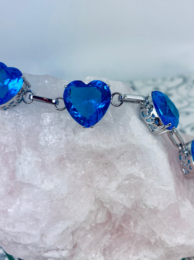 Swiss Blue Topaz Bracelet, Heart Gems, Victorian Reproduction Jewelry, Sterling Silver filigree, silver embrace jewelry