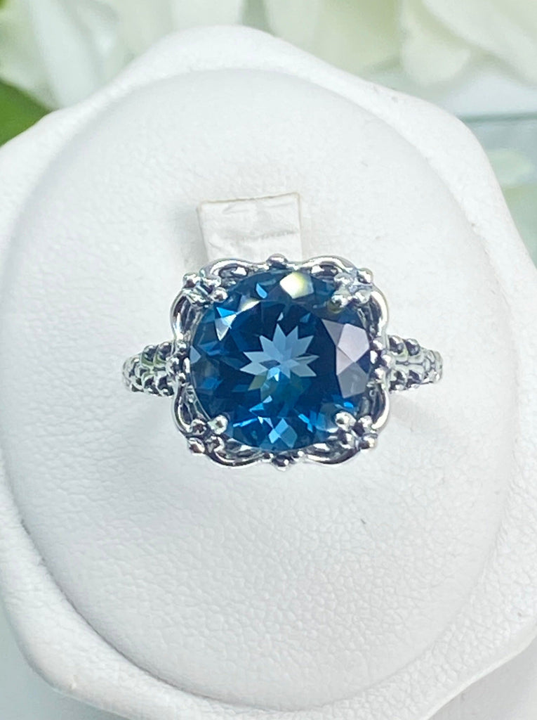 Natural London Blue Topaz Ring, Speechless Design #D103, Sterling Silver Filigree, Vintage Jewelry, Silver Embrace Jewelry