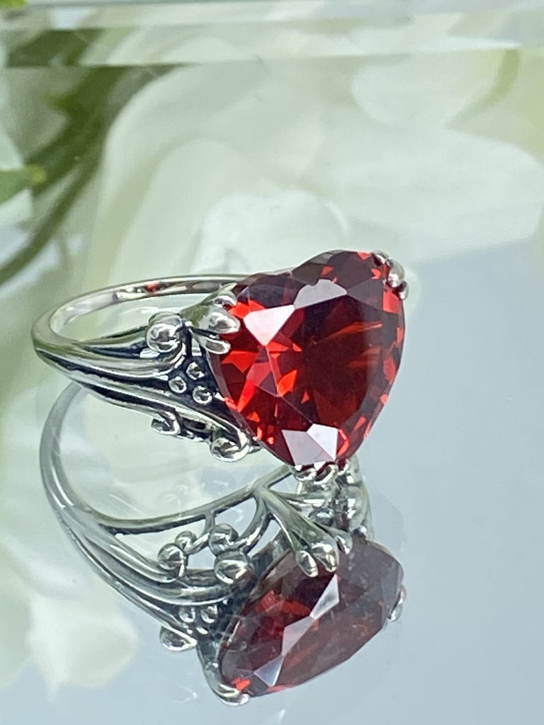 red garnet cubic zirconia ring with a heart shaped gem and gothic style sterling silver filigree, D213, Silver Embrace Jewelry, Heartleaf