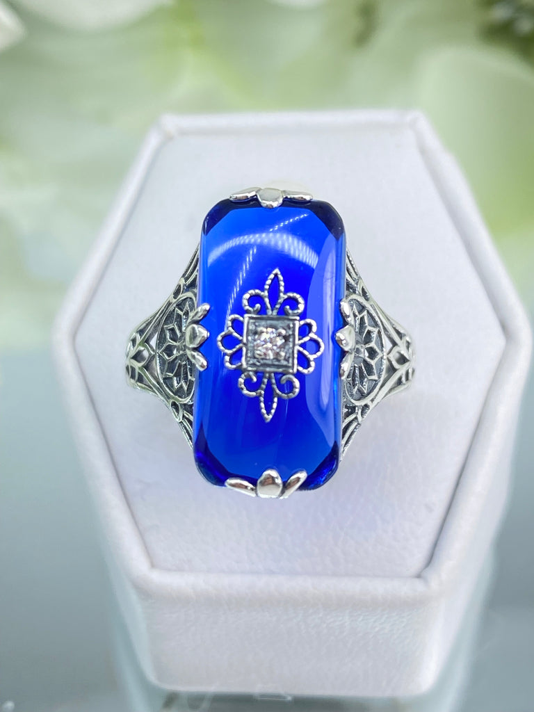 Sapphire Blue Ring, Camphor Glass with gem inset, Sterling Silver Filigree, D233, Grace Ring, Silver Embrace Jewelry
