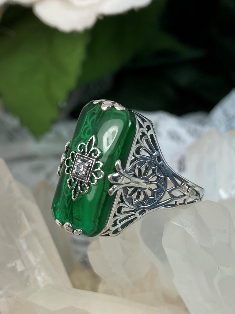 Emerald Green Glass Ring, Grace Ring, Embellished Sterling Silver Filigree, Edwardian Jewelry, Inset Gem, Silver Embrace Jewelry, D233