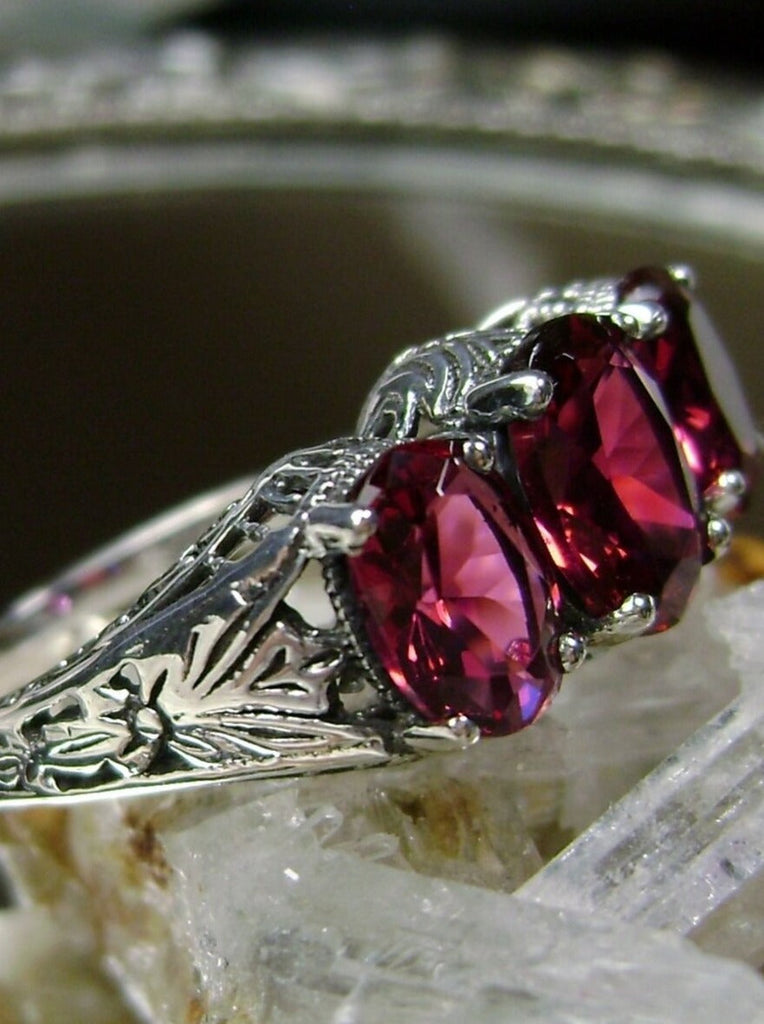 Simulated Red Ruby Trinity 3 stone Ring, Sterling silver filigree, antique jewelry, silver embrace Jewelry, D41