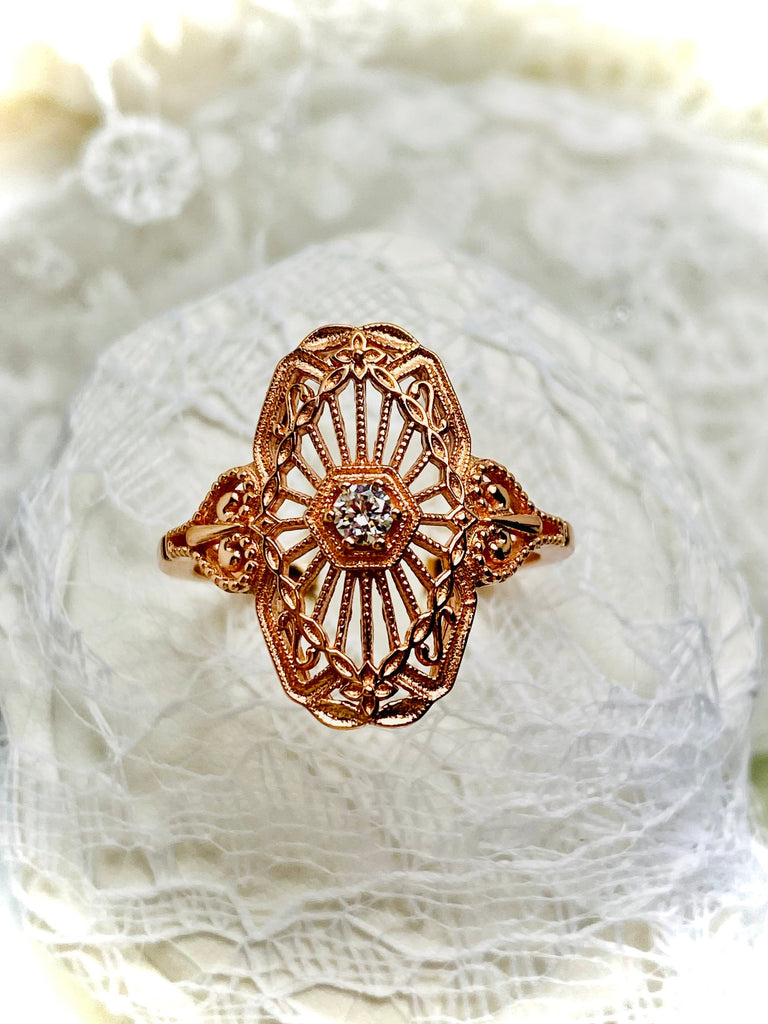 Diamond Ring, Vintage style, Rose gold over Sterling silver, Round Gem, Debut Ring, Victorian Jewelry, Delicate Filigree, Silver Embrace Jewelry, D588