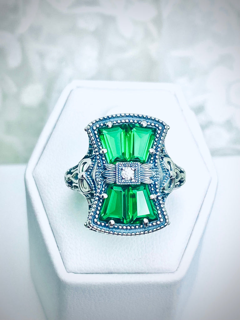 Green Emerald Ring, 925 Sterling Silver, Bow & Baguettes, Sterling Silver Filigree, Vintage Jewelry, Versailles Design, Silver Embrace Jewelry, D595