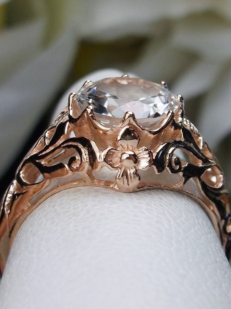 Natural White Topaz Ring, Rose Gold plated Sterling silver Filigree, Daisy Ring, Vintage Antique Jewelry, D66