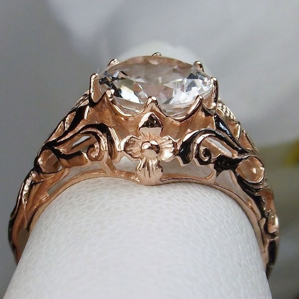 Natural White Topaz Ring, Rose Gold plated Sterling silver Filigree, Daisy Ring, Vintage Antique Jewelry, D66