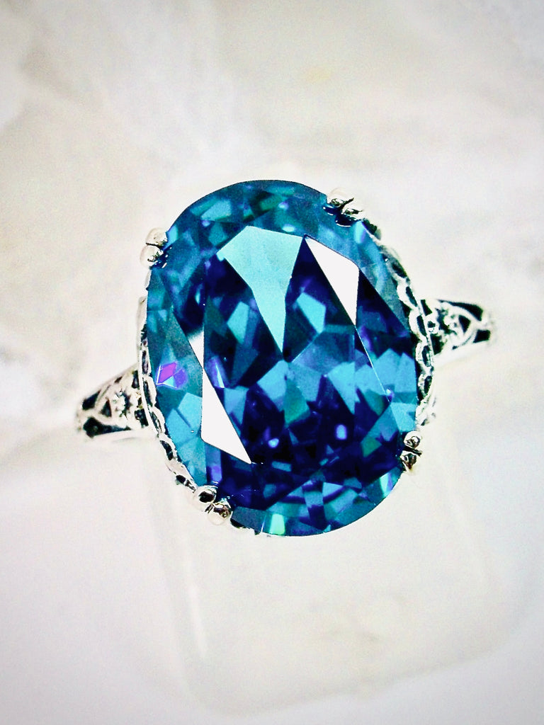 Aquamarine CZ Ring, Edward Ring, Oval Blue Cubic Zirconia gemstone, Sterling silver Edwardian Filigree, Sterling Silver Jewelry, Silver Embrace Jewelry, D70