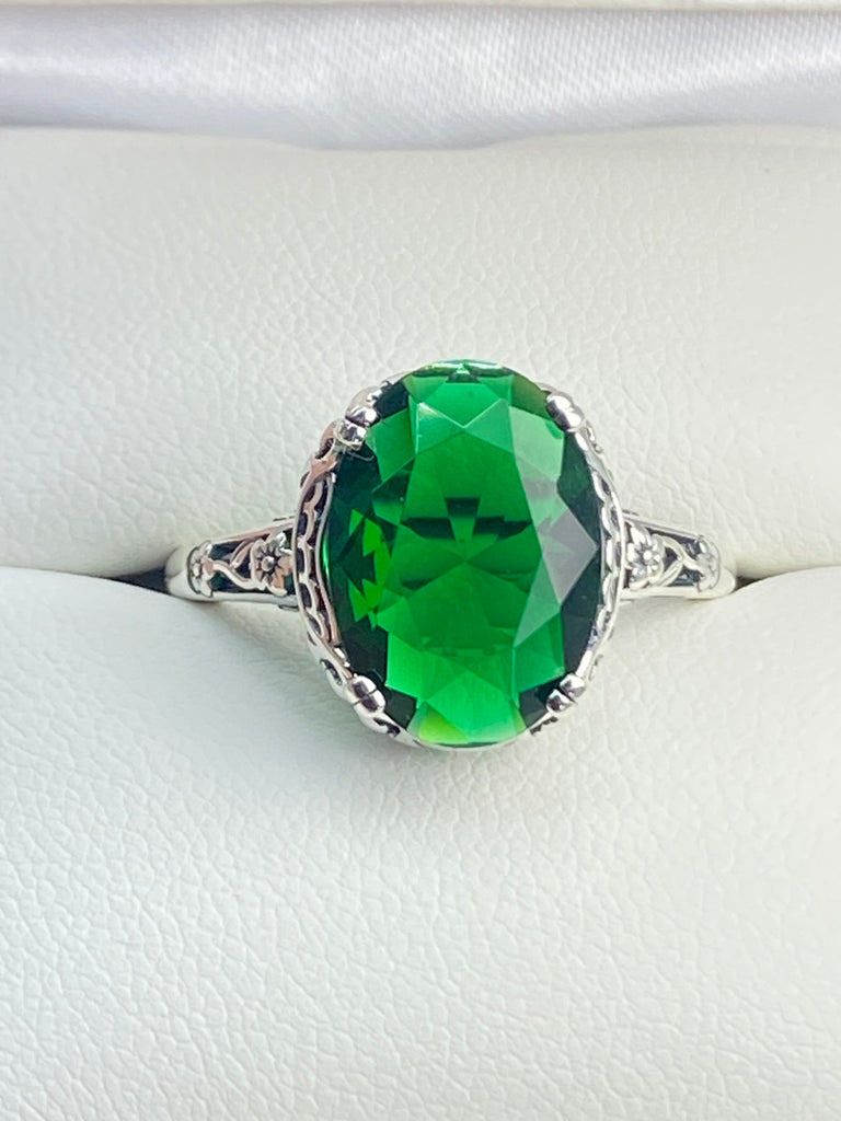 Emerald green Ring, Oval emerald green gemstone, sterling silver floral filigree, Edward Design #D70, in a box