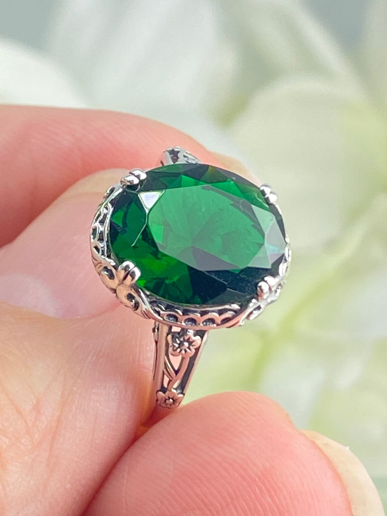 Emerald Ring, Edwardian Jewelry, Floral Filigree, sterling silver jewelry, D70z, 10mmx12mm gem, Silver Embrace jewelry