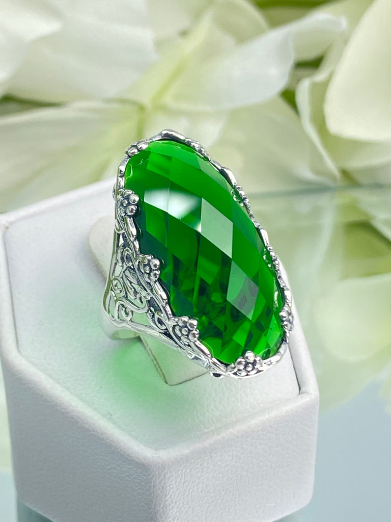 Large Emerald Ring, Green Oval Gem, Art Deco Jewelry, Rosey, Sterling Silver Jewelry, Floral Filigree, Silver Embrace Jewelry D97