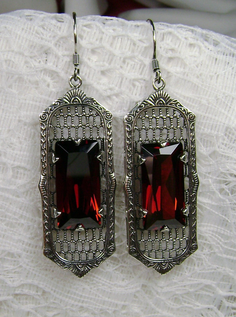 Simulated Red Garnet Art Deco Earrings, Baguette Gem, 1930s Reproduction Jewelry, Sterling silver filigree, Silver Embrace Jewelry, E16