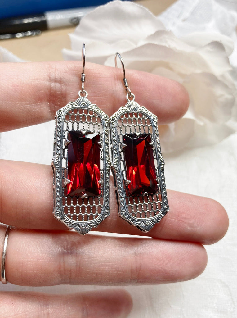 Garnet Earrings, Red Garnet CZ Gemstone Earrings, Baguette Design, Art Deco Jewelry, Vintage Jewelry, Silver Embrace Jewelry, #E16