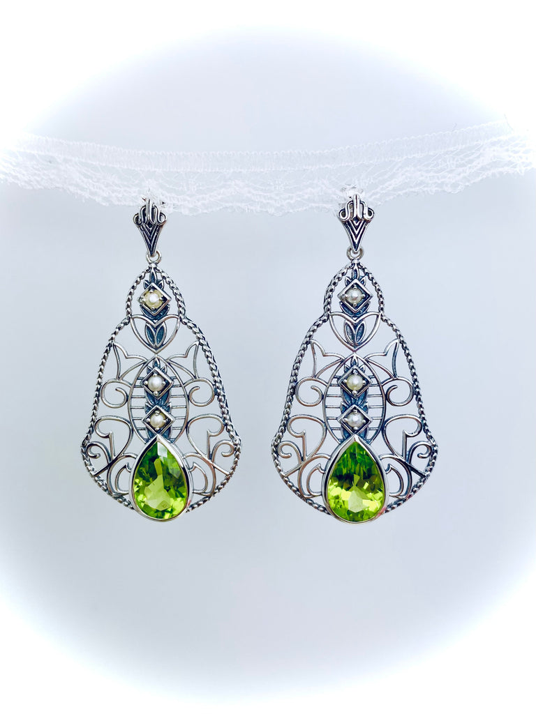 Natural Peridot Earrings, Natural Green Peridot Earrings with Pearl Accents, Lavalier Earrings, Sterling Silver Filigree, Victorian Jewelry, Silver Embrace Jewelry E22