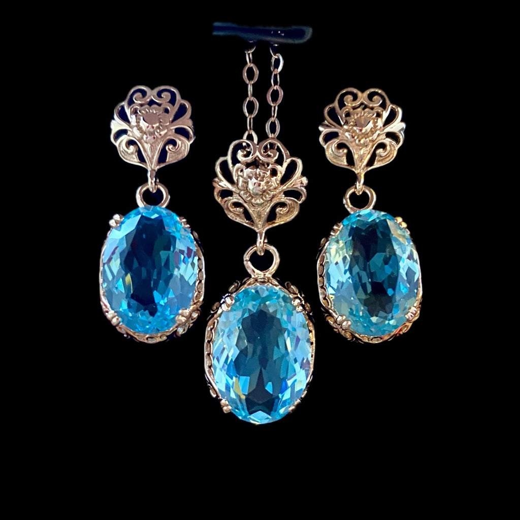 simulated aquamarine Edwardian earrings and pendant necklace rose gold plated sterling silver jewelry set