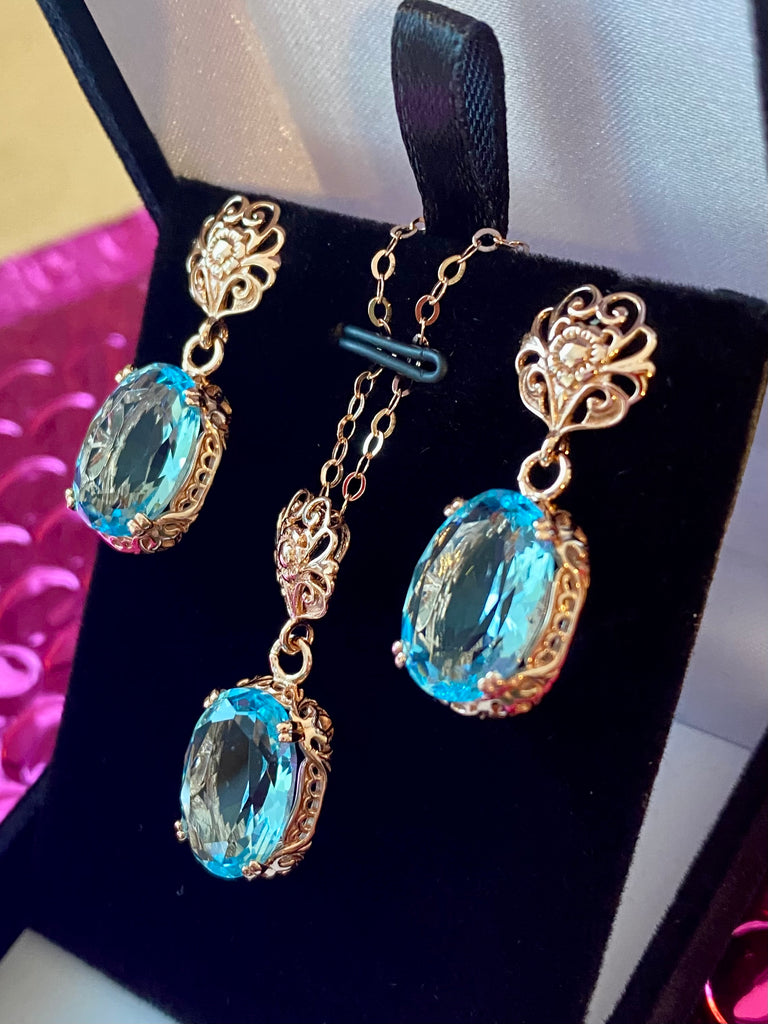 simulated aquamarine Edwardian earrings and pendant necklace rose gold plated sterling silver jewelry set