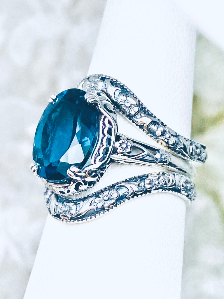 Aquamarine CZ Ring, Edward Ring, Oval Blue Cubic Zirconia gemstone, Sterling silver Edwardian Filigree, Sterling Silver Jewelry, Silver Embrace Jewelry, D70, with Two (2) High Curve Band D511z