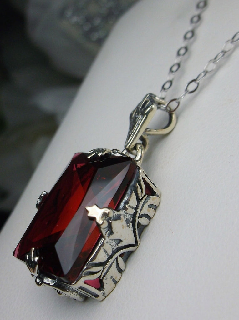 Red Ruby Pendant Necklace, GL Pendant, Art Deco Vintage Jewelry design, Rectangle Gemstone, Vintage Jewelry, Silver Filigree, Silver Embrace Jewelry, P15
