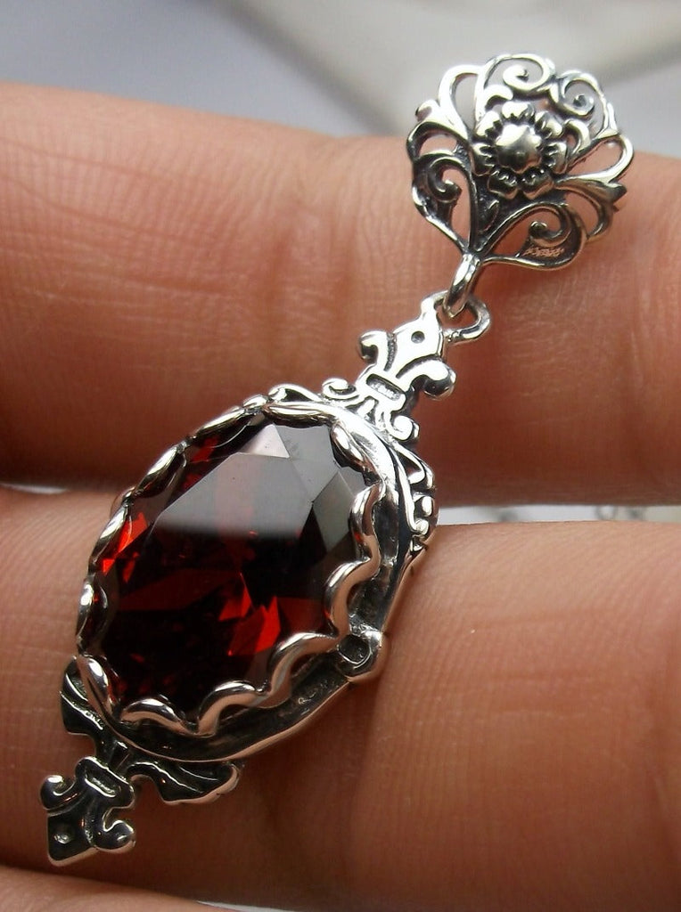 Ruby Red Pendant, Fleur de Lis filigree detail, oval gemstone, sterling silver vintage jewelry, Silver Embrace Jewelry, Pin Design#P18