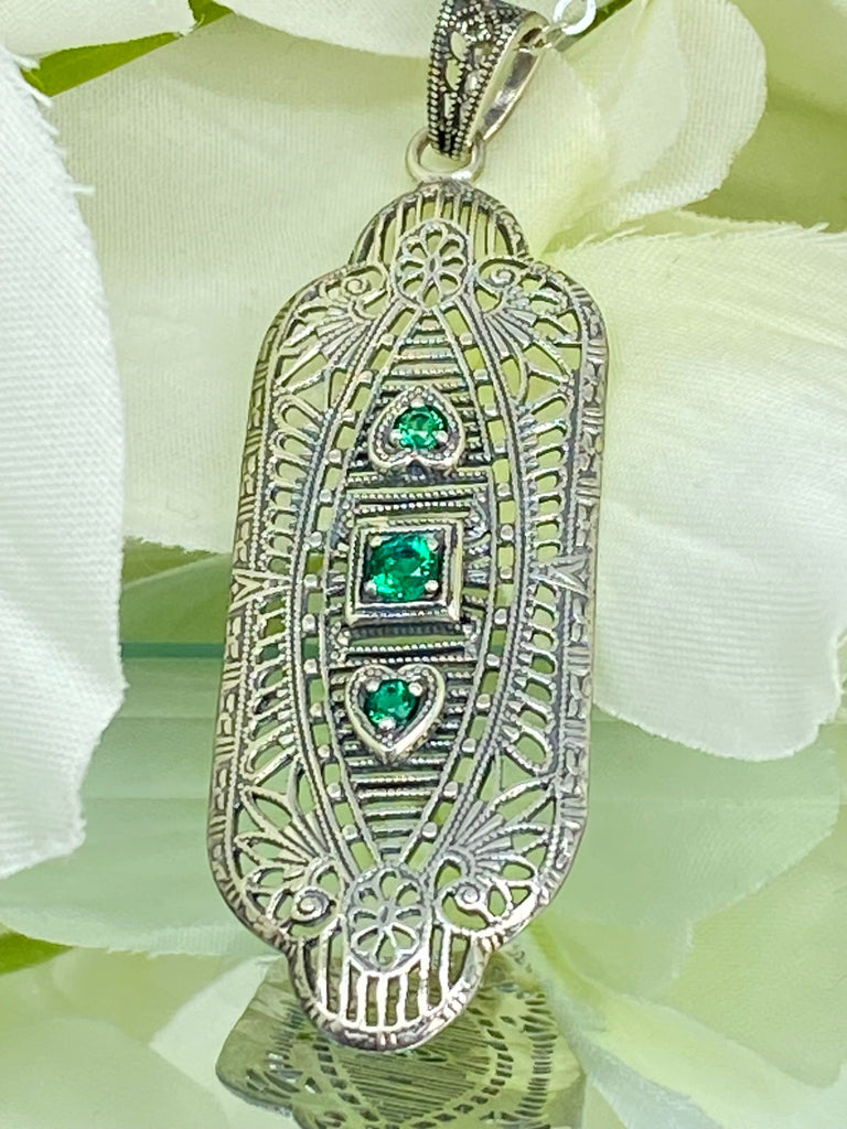 Natural Green Emerald Pendant, Vintage style, sterling silver filigree, Angel Wing Pendant, Vintage Antique Jewelry, Silver Embrace Jewelry, P359