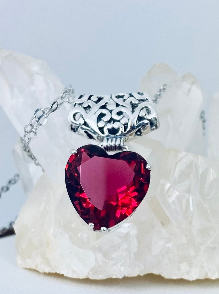 Red Ruby Pendant, Heart Pendant, Art Nouveau Necklace, Sterling Silver Filigree, Silver Embrace Jewelry, P38, In Stock