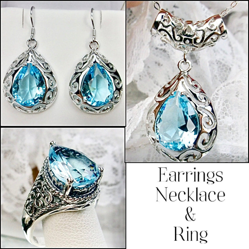 Sky blue Aquamarine Jewelry Set, Teardrop Art Deco Set includes Ring, Earrings & Pendant #S28