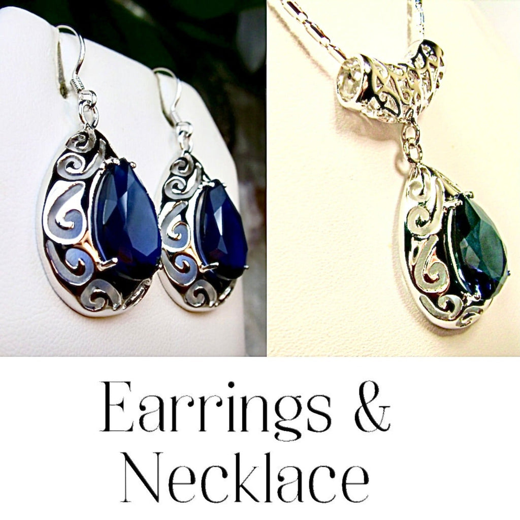 Blue Sapphire Jewelry Set, Teardrop Art Deco Set includes Earrings & Pendant #S28
