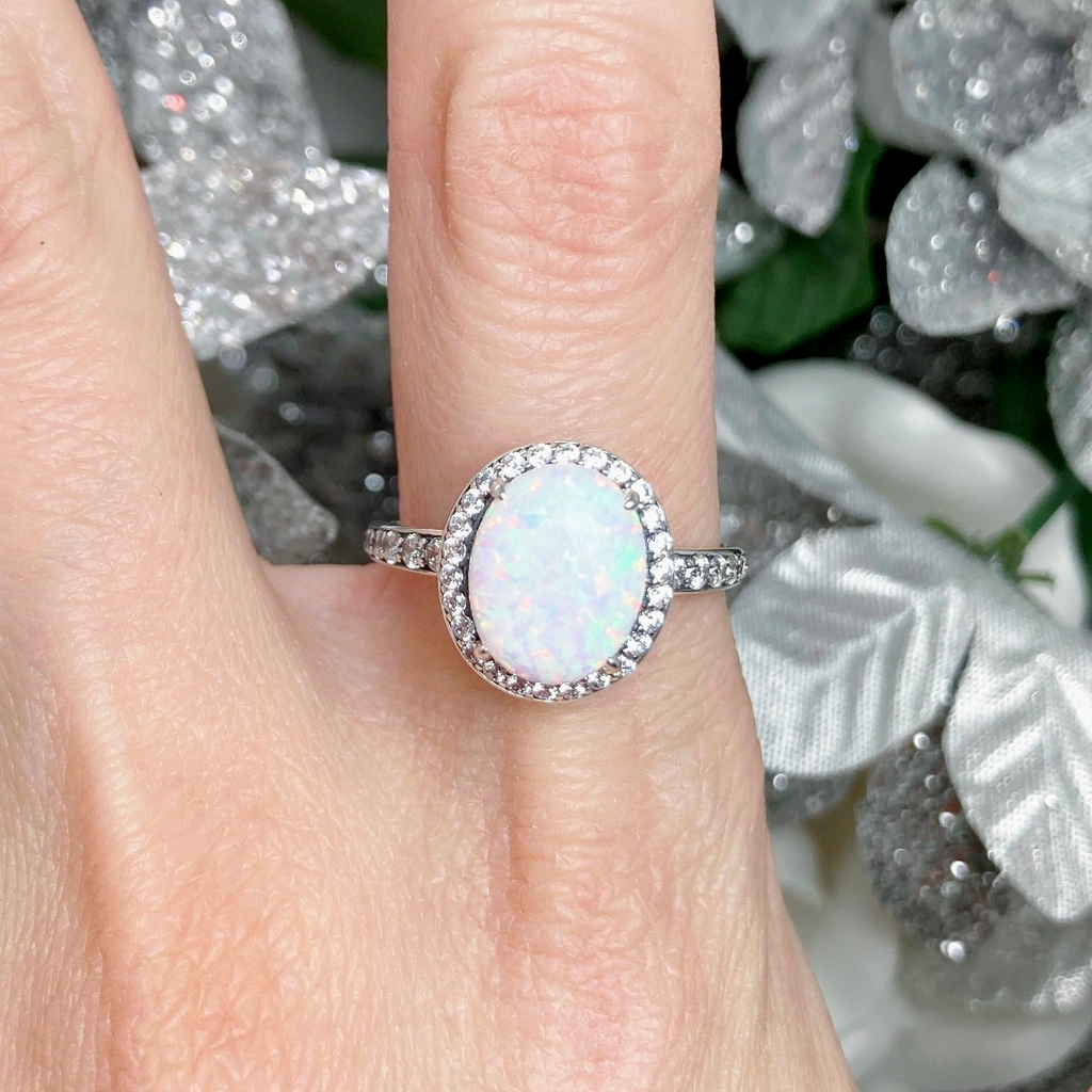 Opal gem ring surrounded by White CZ gemstones, with White CZ gems down the side of the ring, Opal Ring, Art Deco Sterling silver Filigree, D228 | Silver Embrace Jewelry