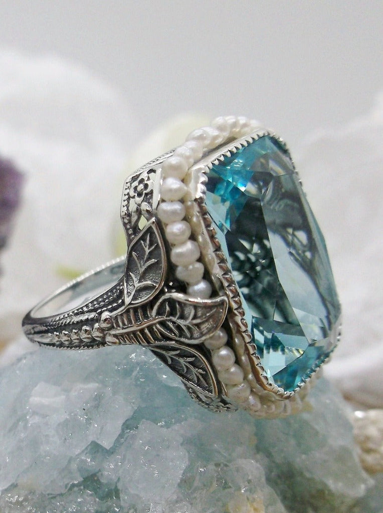 Aquamarine Ring, Sky Blue gem with Seed Pearl Frame, Silver Leaf Filigree, Victorian Jewelry D234