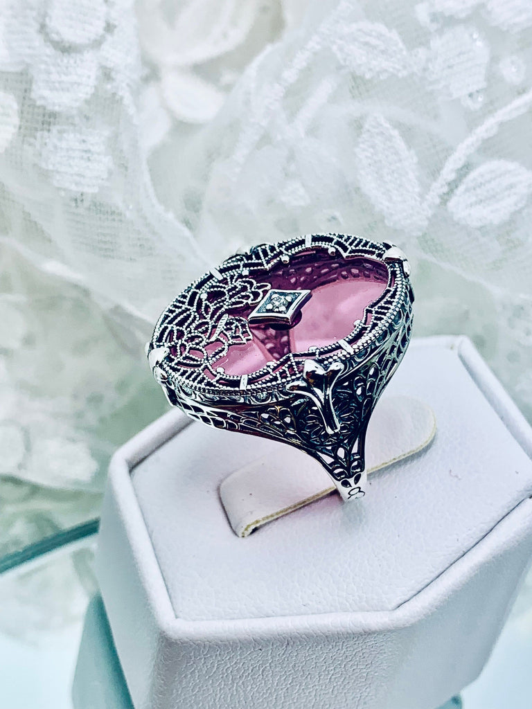 Pink Stained Glass Oval Ring, Sterling silver filigree, White CZ Inset or Moissanite Inset, Vintage jewelry, Silver Embrace Jewelry, D594