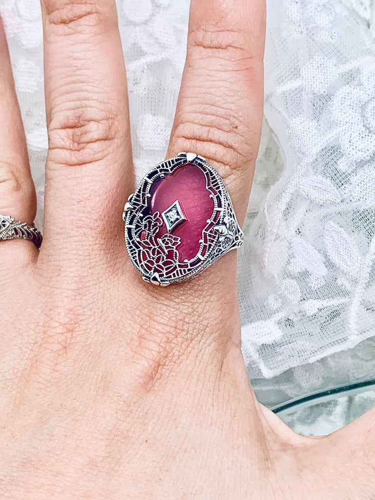 Pink Stained Glass Oval Ring, Sterling silver filigree, White CZ Inset or Moissanite Inset, Vintage jewelry, Silver Embrace Jewelry, D594