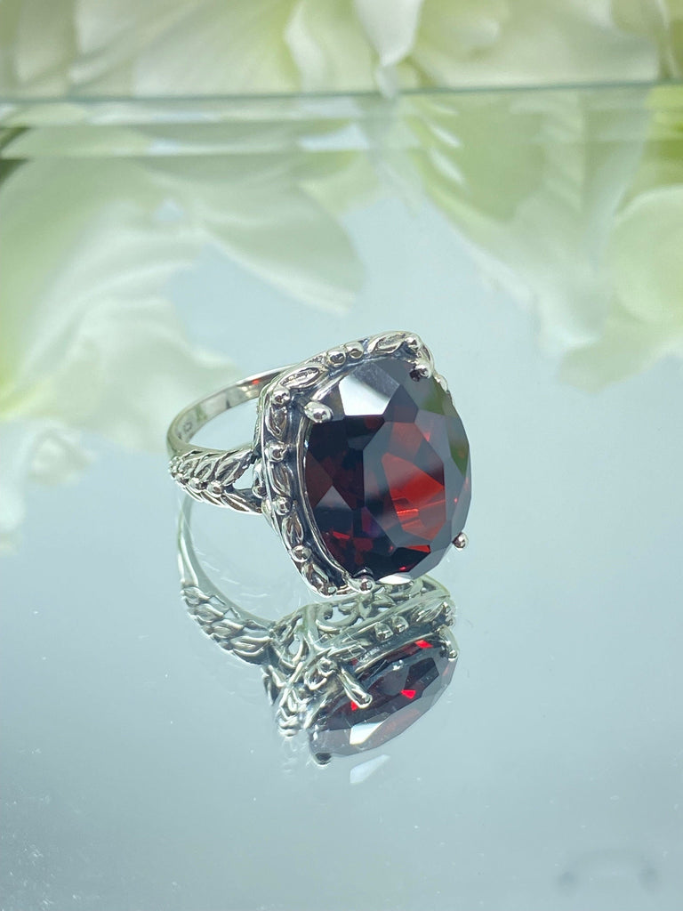 Red Garnet CZ Ring, 12 ct Oval Garnet Cubic Zirconia, Leaf Accent Vintage Jewelry, Sterling Silver Jewelry, Silver Embrace Jewelry, D120 Leaf Accent Ring