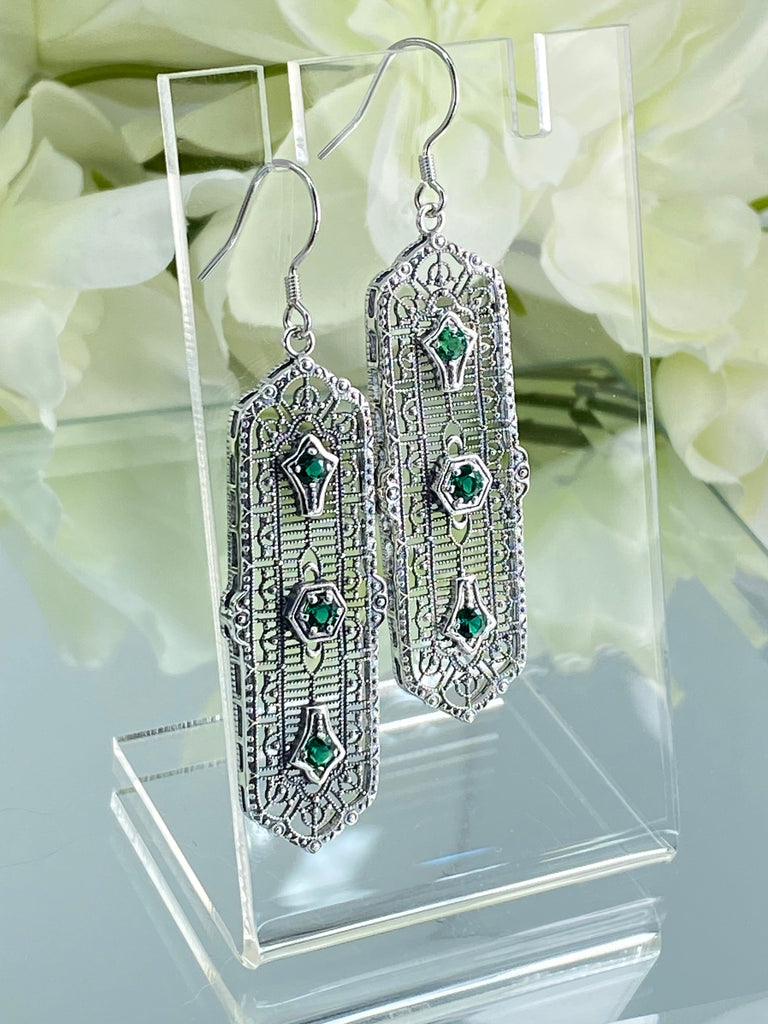 Natural Emerald Earrings, Edwardian Intricate Filigree, 3 Kings, Sterling Silver Jewelry, Silver Embrace Jewelry, E197
