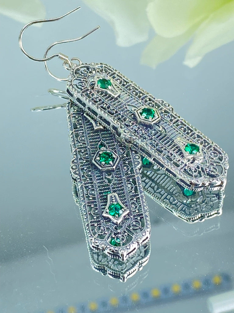 Natural Emerald Earrings, Edwardian Intricate Filigree, 3 Kings, Sterling Silver Jewelry, Silver Embrace Jewelry, E197