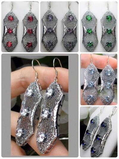 Earrings, Edwardian Jewelry, Sterling Silver Filigree, Triple Gemstone, Vintage Jewelry, Silver Embrace Jewelry, Twist Earrings E42