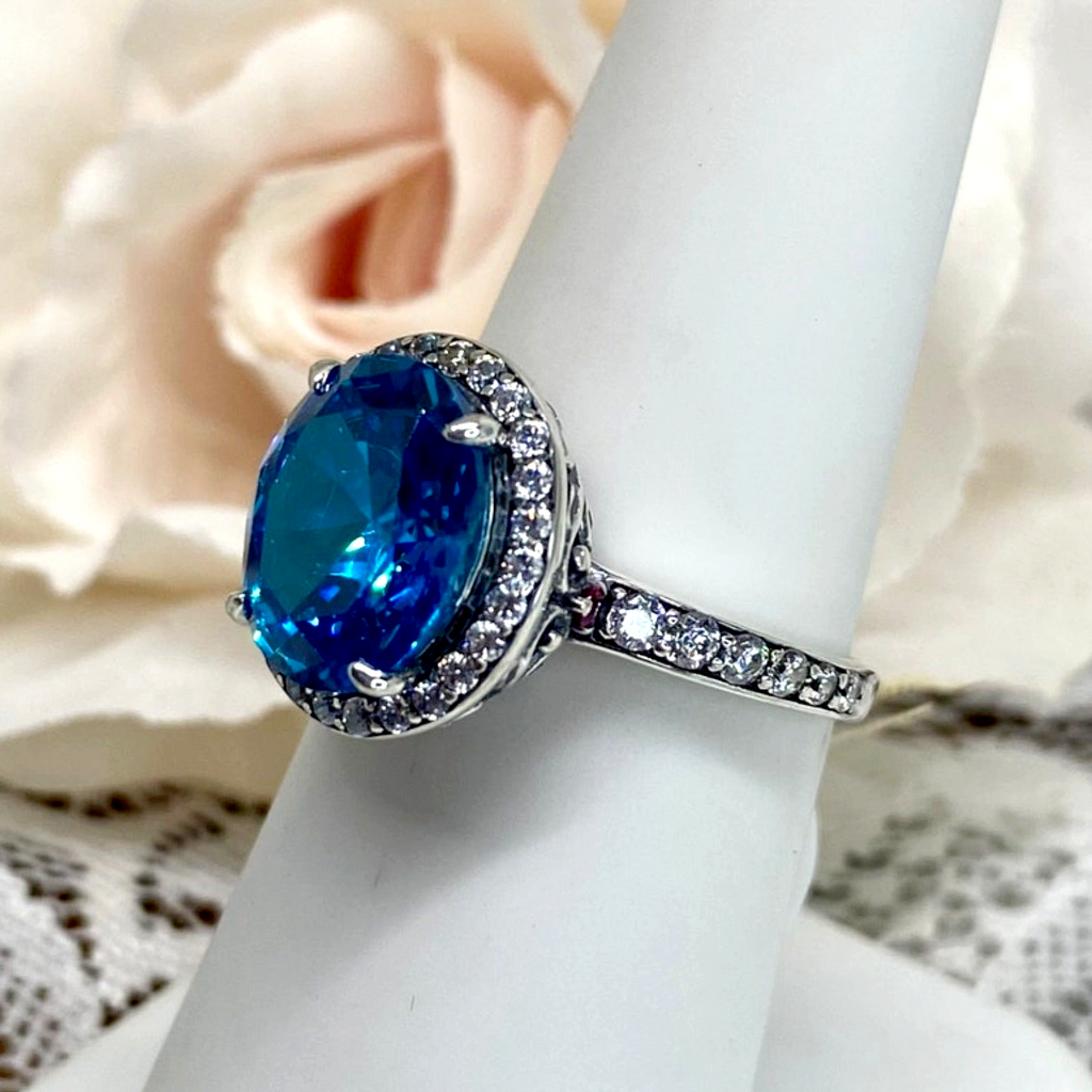 Blue center CZ gem ring surrounded by White CZ gemstones, with White CZ gems down the side of the ring, Aqua CZ Ring, Art Deco Sterling silver Filigree, D228 | Silver Embrace Jewelry