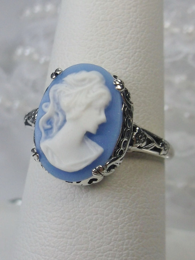 Blue Lady Cameo Ring, Sterling Silver Floral Filigree, Vintage Edwardian Jewelry, Silver Embrace Jewelry