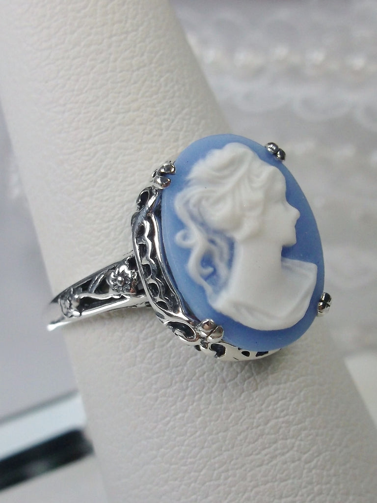 Blue Lady Cameo Ring, Sterling Silver Floral Filigree, Vintage Edwardian Jewelry, Silver Embrace Jewelry