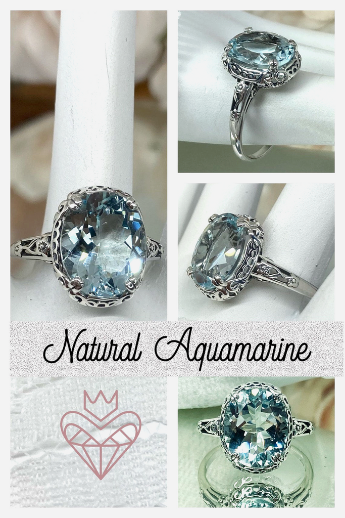 Natural Aquamarine Ring, Sky Blue natural oval gemstone, Sterling Silver floral filigree, Edward design #D70z, Silver Embrace Jewelry 