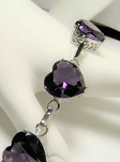 Heart Purple Amethyst Gems, Heart Bracelet, Victorian Jewelry, Vintage-style bracelet, Silver Embrace Jewelry, B38