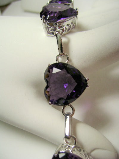 Heart Purple Amethyst Gems, Heart Bracelet, Victorian Jewelry, Vintage-style bracelet, Silver Embrace Jewelry, B38