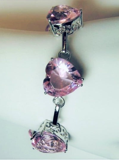 Pink Topaz Heart Gems, Heart Bracelet, Victorian Jewelry, Vintage-style bracelet, Silver Embrace Jewelry, B38