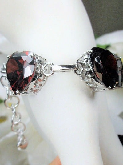 Heart Red Garnet Gems, Heart Bracelet, Victorian Jewelry, Vintage-style bracelet, Silver Embrace Jewelry, B38