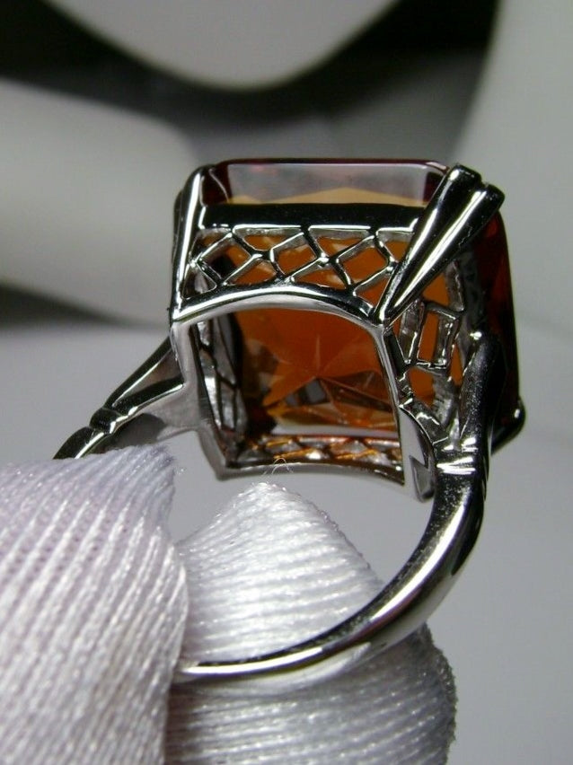 Orange Cognac Citrine Ring, Large square gem in crisscross basket-weave filigree, art deco styled ring, Art Deco Jewelry, Silver Embrace Jewelry