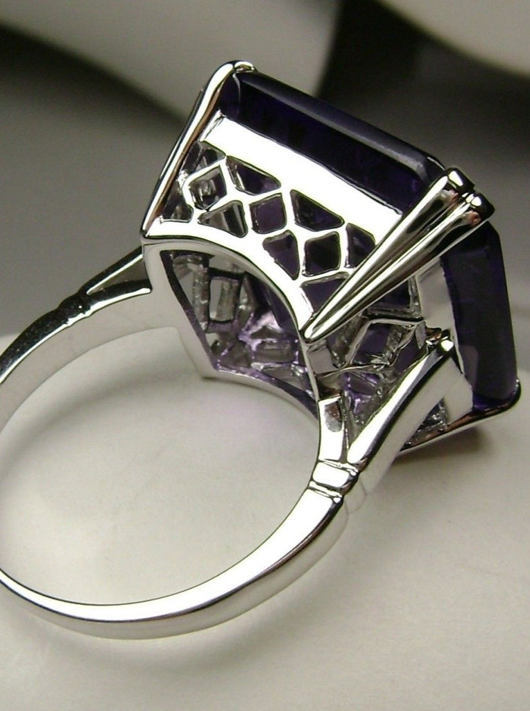 back view of large square purple amethyst gem in crisscross basket-weave filigree art deco styled ring