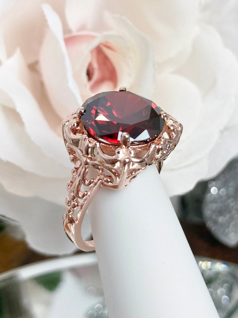  Red Garnet CZ Ring, Speechless Design #D103, Rose Gold-plated Sterling Silver Filigree, Vintage Jewelry, Silver Embrace Jewelry
