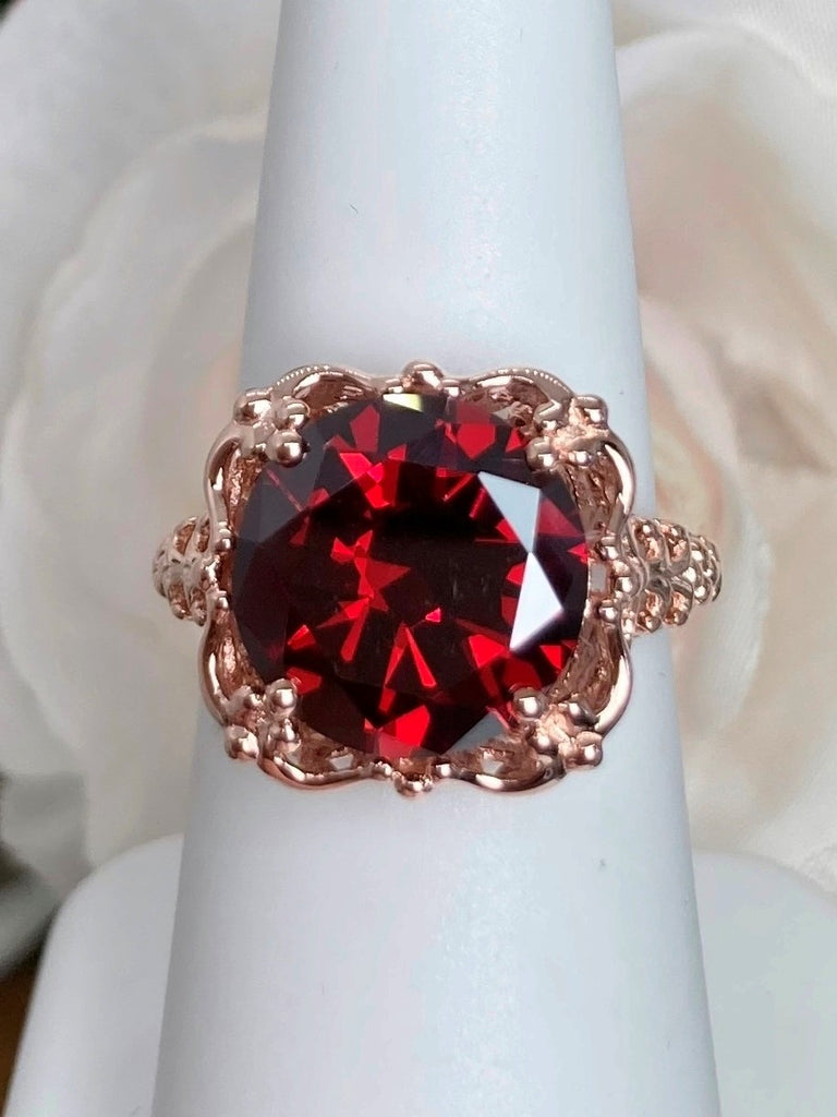 Red Garnet CZ Ring, Speechless Design #D103, Rose Gold-plated Sterling Silver Filigree, Vintage Jewelry, Silver Embrace Jewelry